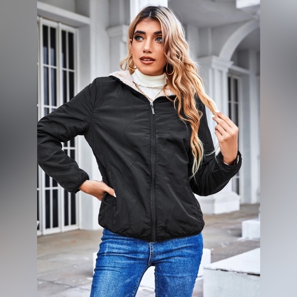 EMERY ROSE Tan Color Teddy Lined Black Hooded Water proof Hooded Jacket 🧥🧸 - Picture 3 of 6